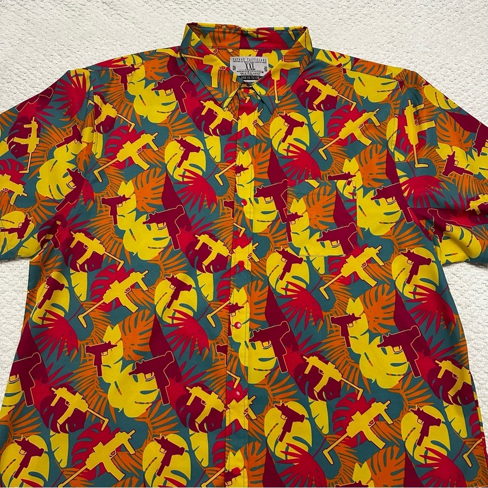 Savage Tacticians Brushstroke Button Up Hawaiian Shirt Gun Palm Men’s Size XXL